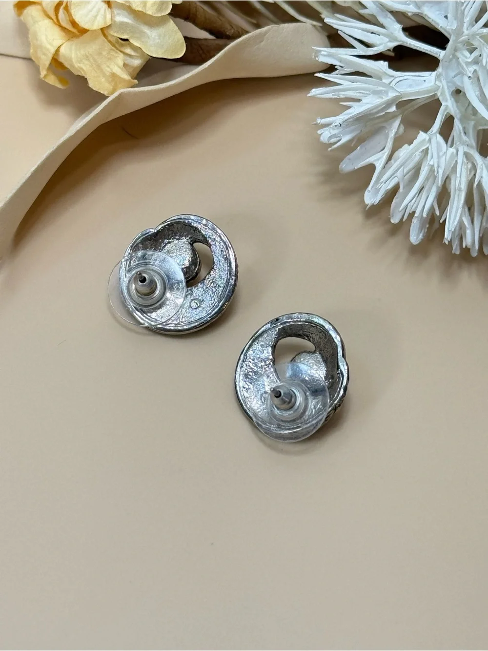 Vintage Silver Tone Swirl Faux Pearl Statement Post Earrings